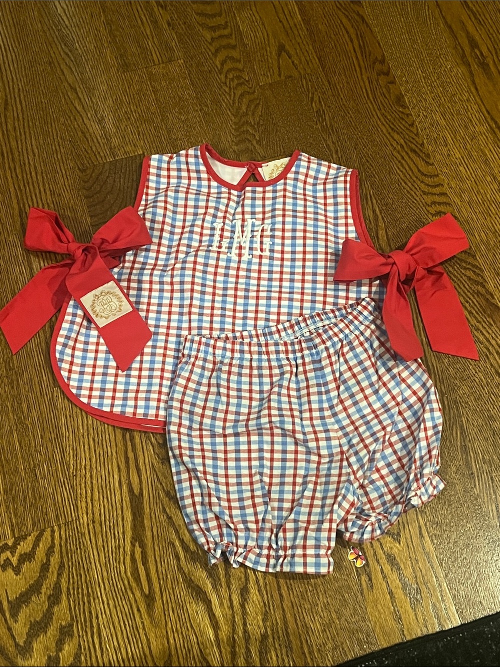 TBBC Red & Blue Gingham Bow Bubble Set - LGM monogram